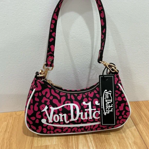 NEW Von Dutch HOT Pink Cheetah Print Shoulder Bag Detachable Chain Wrench Charm - Picture 3 of 11